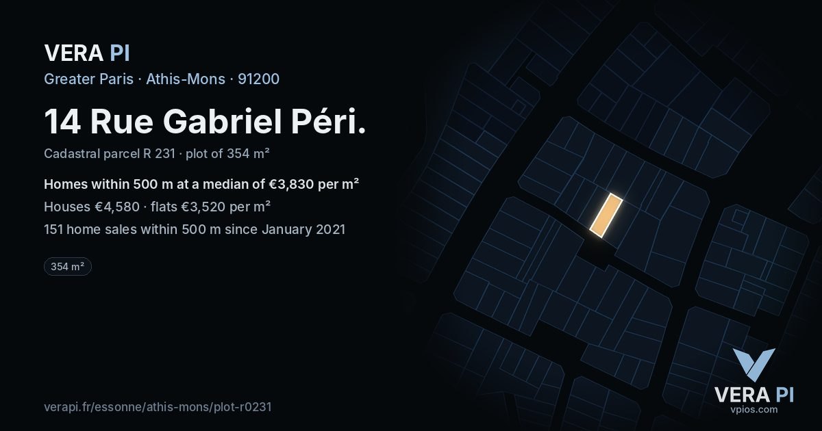 14 Rue Gabriel Péri, Athis-Mons at night – the plot lit, the parcels around coloured by the prices near them