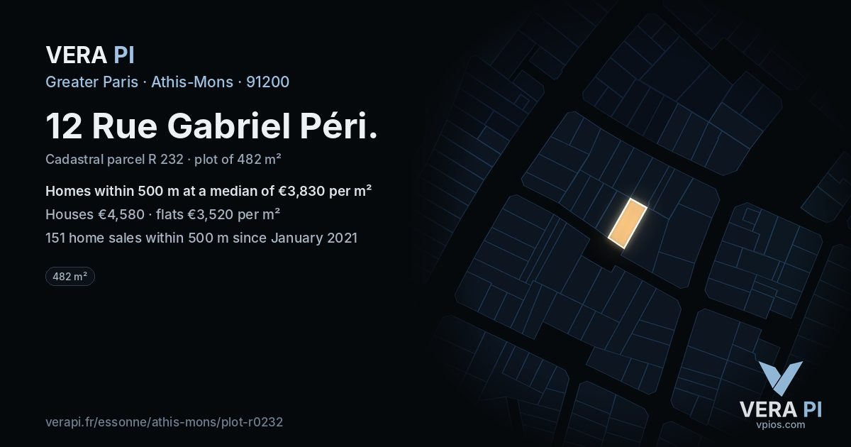 12 Rue Gabriel Péri, Athis-Mons at night – the plot lit, the parcels around coloured by the prices near them