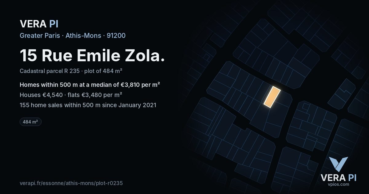 15 Rue Emile Zola, Athis-Mons at night – the plot lit, the parcels around coloured by the prices near them