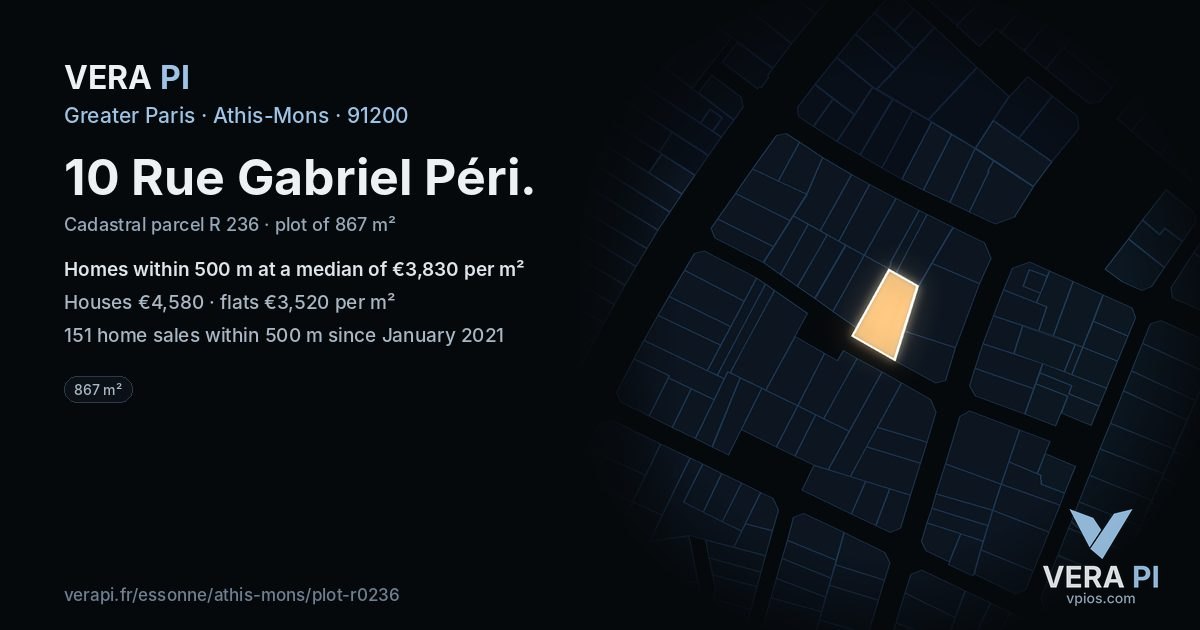 10 Rue Gabriel Péri, Athis-Mons at night – the plot lit, the parcels around coloured by the prices near them