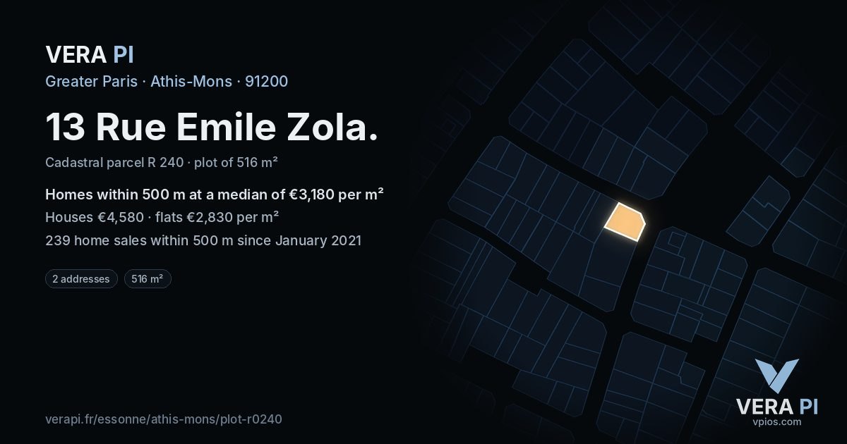 13 Rue Emile Zola, Athis-Mons at night – the plot lit, the parcels around coloured by the prices near them