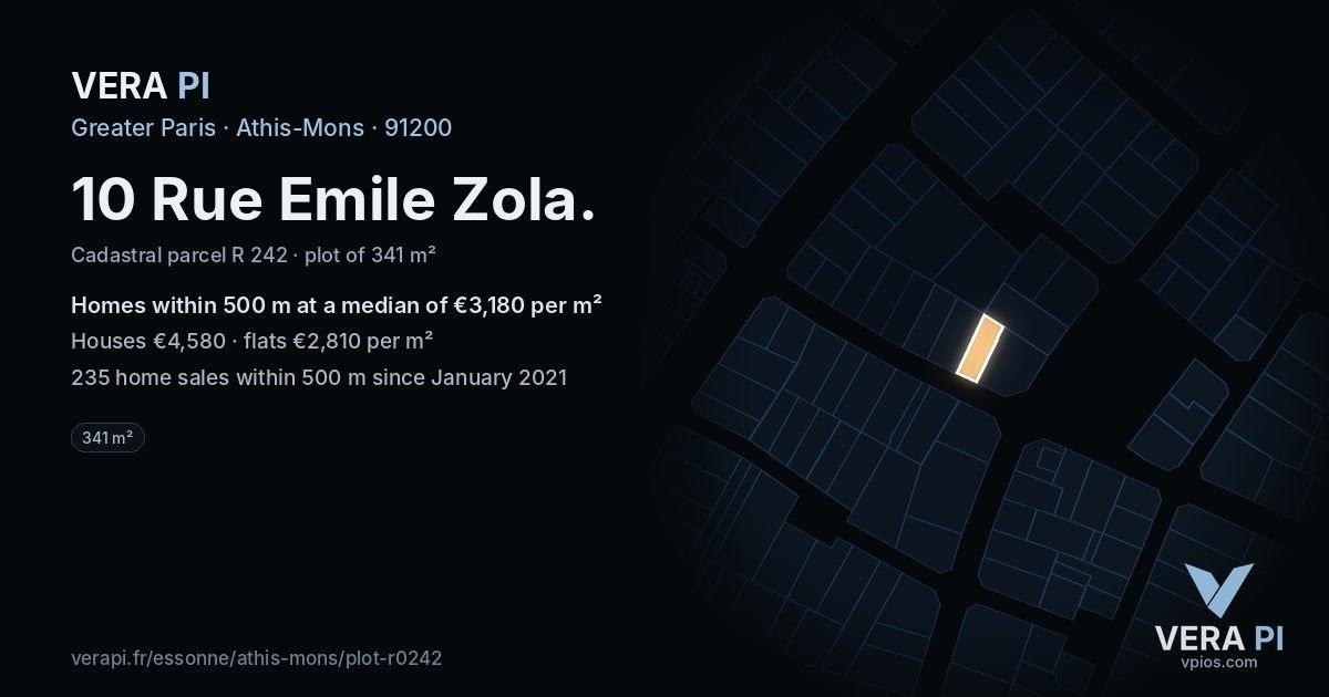 10 Rue Emile Zola, Athis-Mons at night – the plot lit, the parcels around coloured by the prices near them