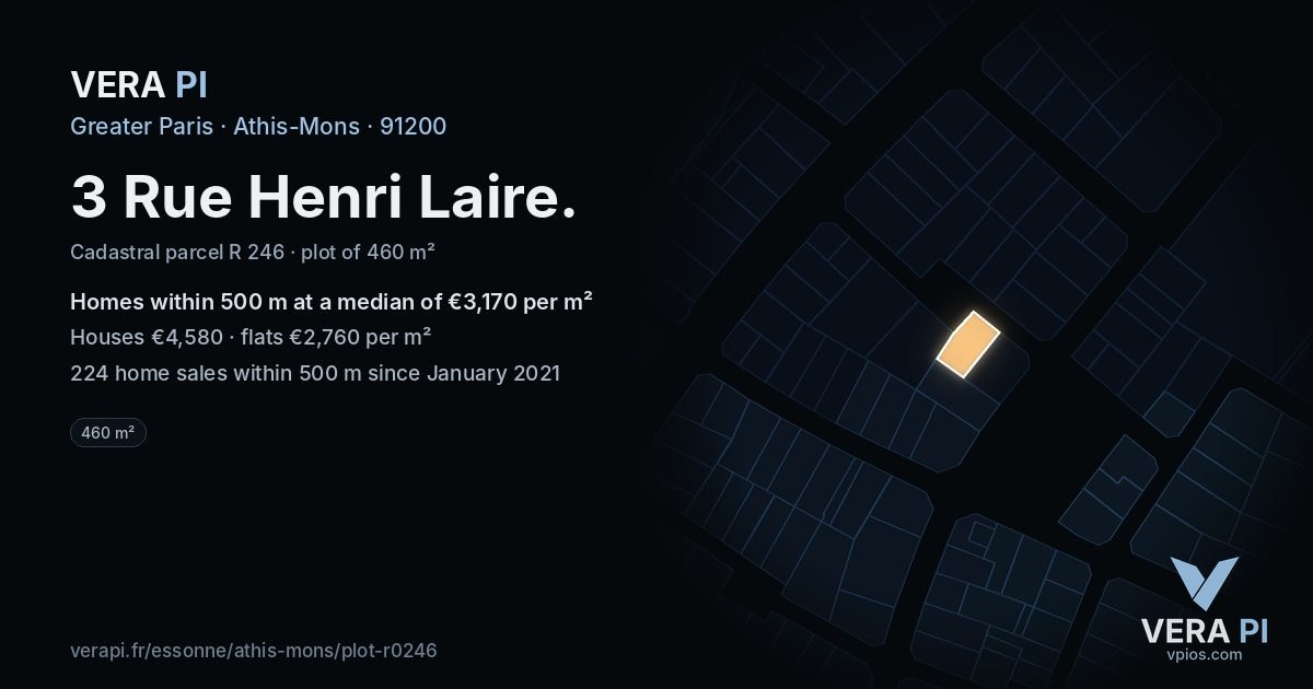 3 Rue Henri Laire, Athis-Mons at night – the plot lit, the parcels around coloured by the prices near them