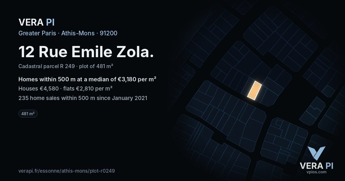 12 Rue Emile Zola, Athis-Mons at night – the plot lit, the parcels around coloured by the prices near them