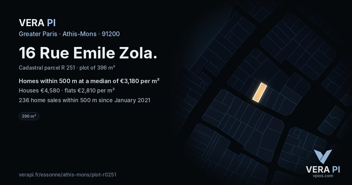 16 Rue Emile Zola, Athis-Mons at night – the plot lit, the parcels around coloured by the prices near them