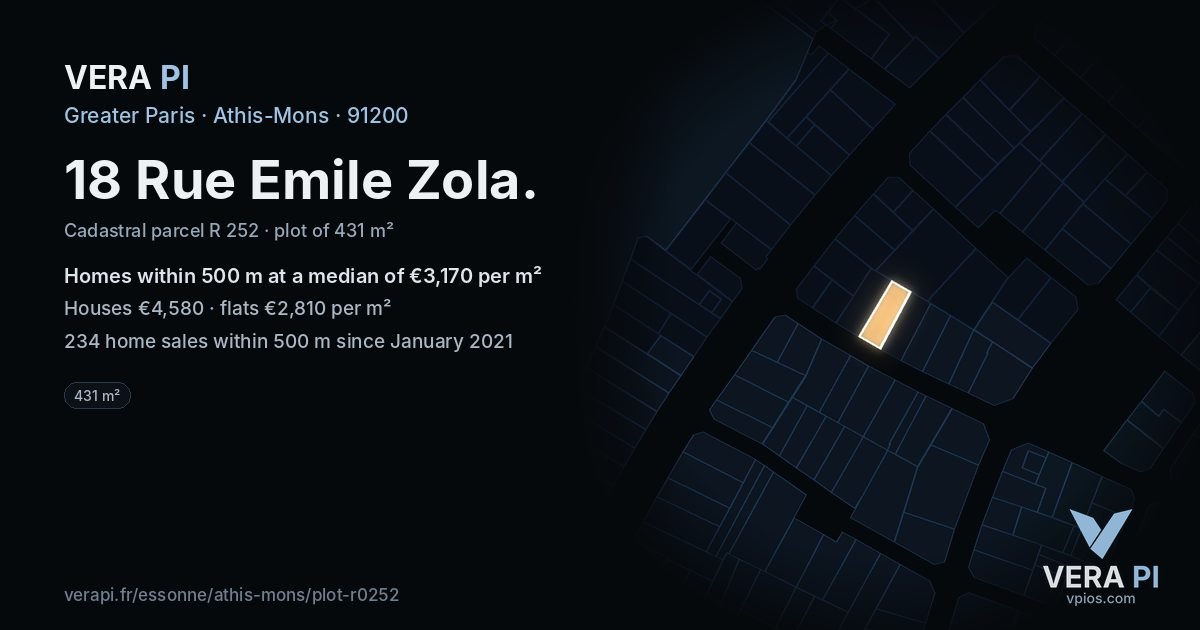 18 Rue Emile Zola, Athis-Mons at night – the plot lit, the parcels around coloured by the prices near them