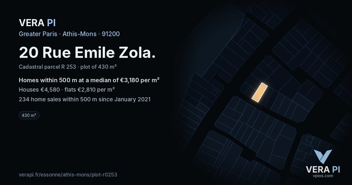 20 Rue Emile Zola, Athis-Mons at night – the plot lit, the parcels around coloured by the prices near them