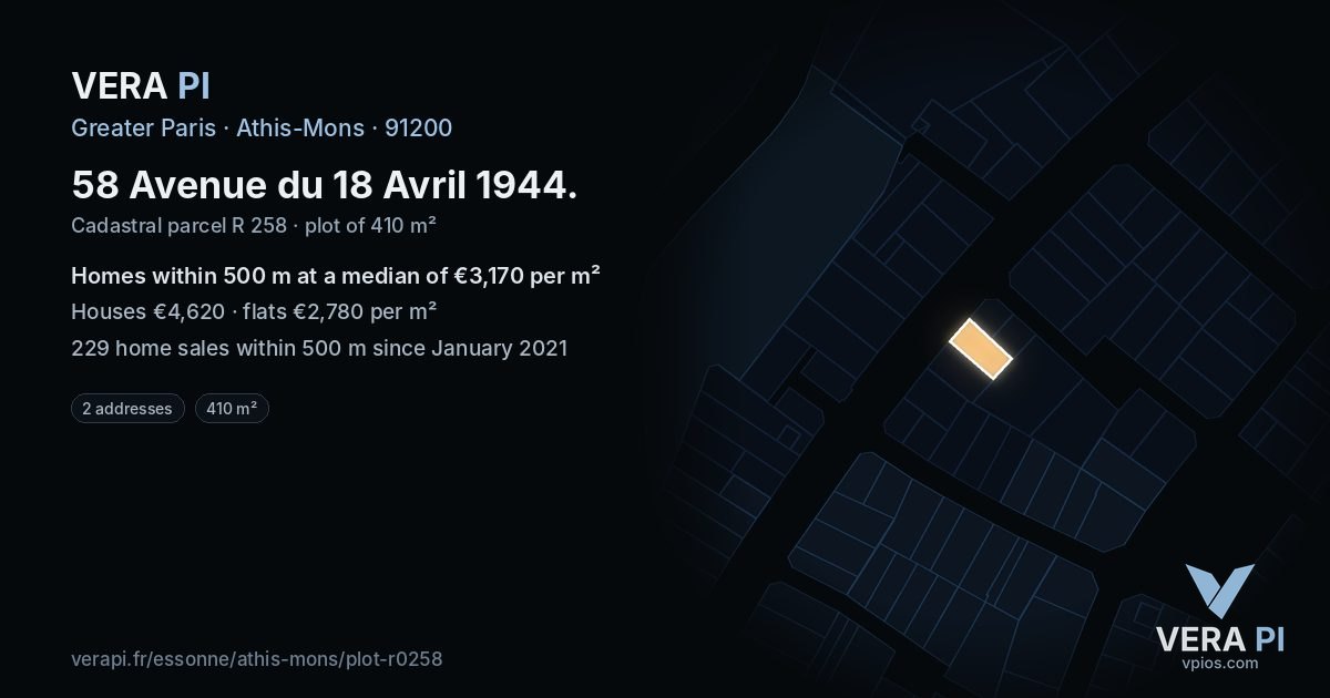 58 Avenue du 18 Avril 1944, Athis-Mons at night – the plot lit, the parcels around coloured by the prices near them