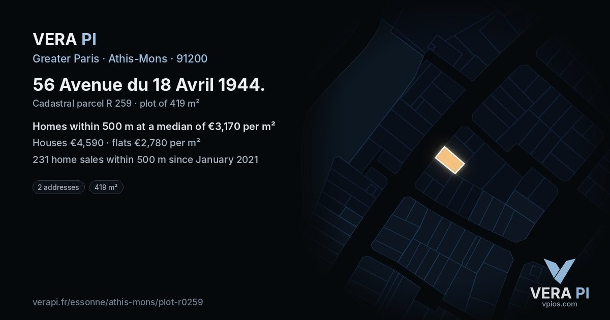 56 Avenue du 18 Avril 1944, Athis-Mons at night – the plot lit, the parcels around coloured by the prices near them