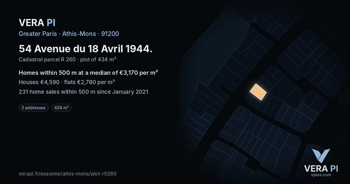 54 Avenue du 18 Avril 1944, Athis-Mons at night – the plot lit, the parcels around coloured by the prices near them