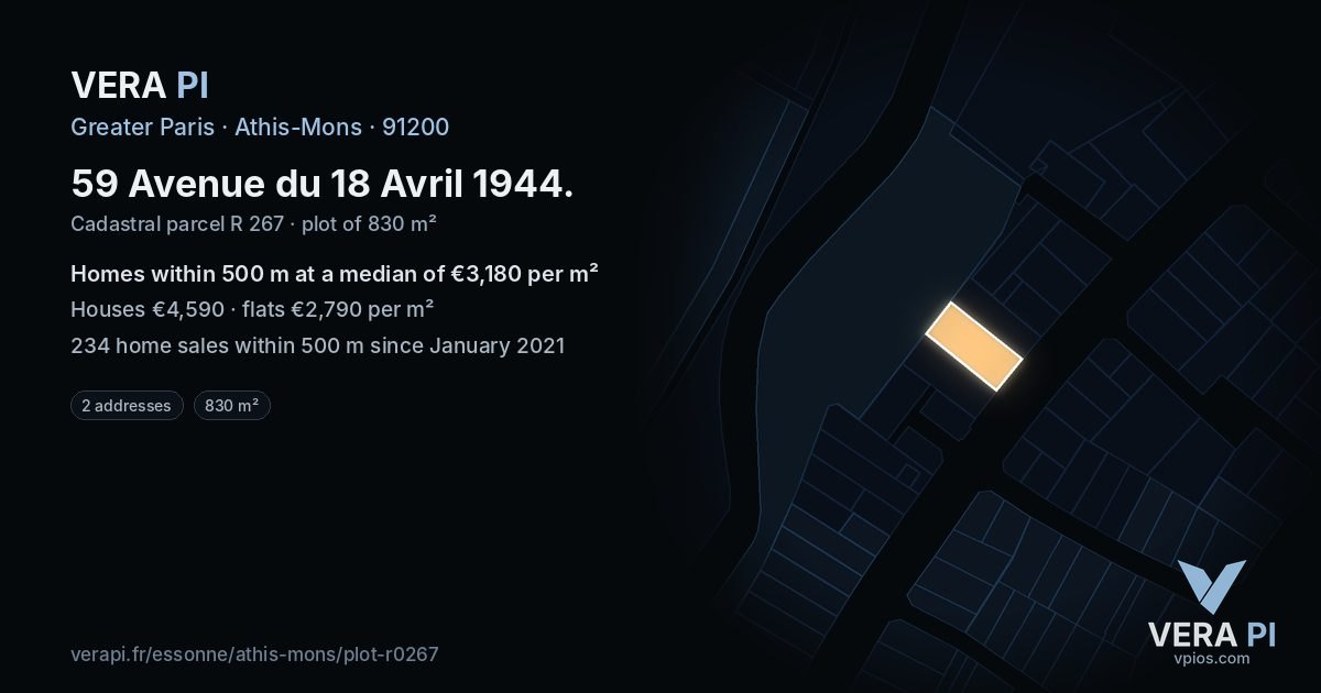 59 Avenue du 18 Avril 1944, Athis-Mons at night – the plot lit, the parcels around coloured by the prices near them