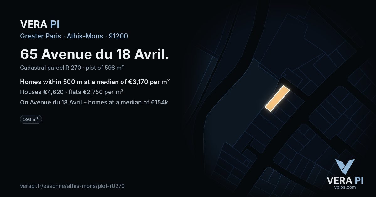 65 Avenue du 18 Avril, Athis-Mons at night – the plot lit, the parcels around coloured by the prices near them