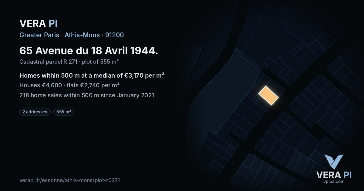 65 Avenue du 18 Avril 1944, Athis-Mons at night – the plot lit, the parcels around coloured by the prices near them