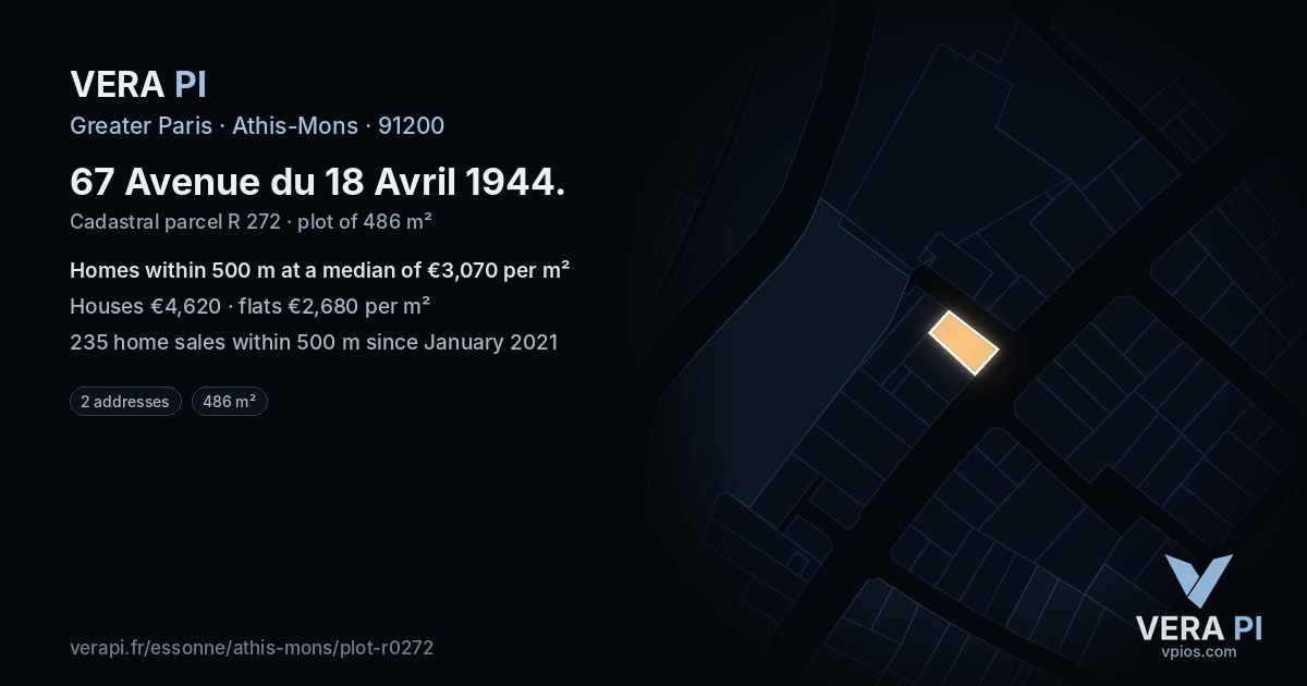 67 Avenue du 18 Avril 1944, Athis-Mons at night – the plot lit, the parcels around coloured by the prices near them