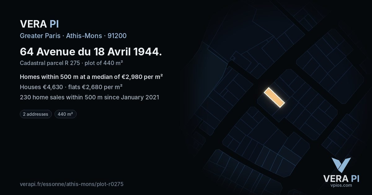 64 Avenue du 18 Avril 1944, Athis-Mons at night – the plot lit, the parcels around coloured by the prices near them