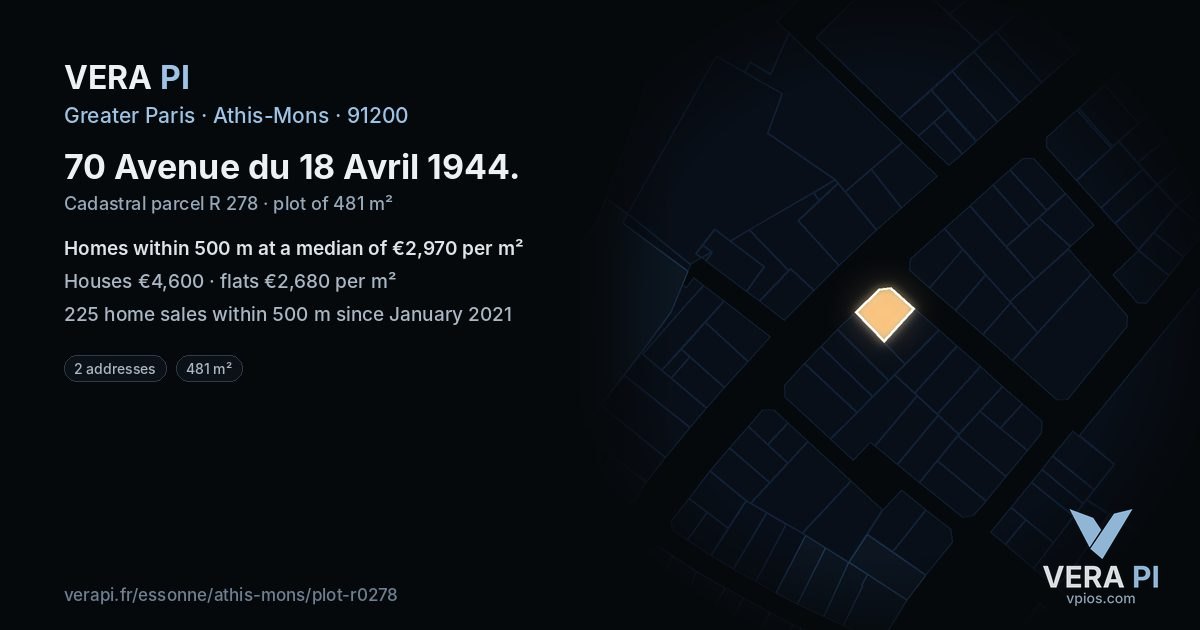 70 Avenue du 18 Avril 1944, Athis-Mons at night – the plot lit, the parcels around coloured by the prices near them
