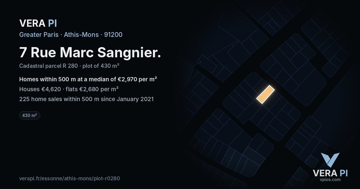 7 Rue Marc Sangnier, Athis-Mons at night – the plot lit, the parcels around coloured by the prices near them