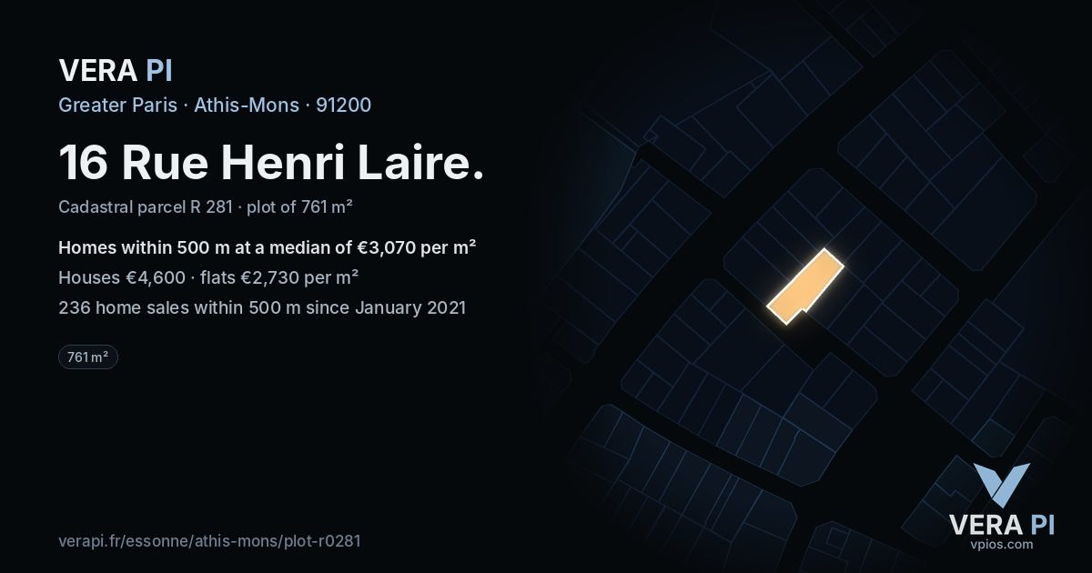 16 Rue Henri Laire, Athis-Mons at night – the plot lit, the parcels around coloured by the prices near them