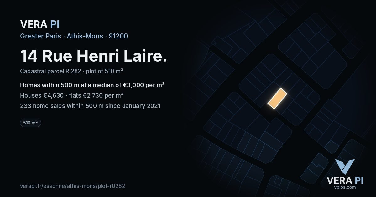 14 Rue Henri Laire, Athis-Mons at night – the plot lit, the parcels around coloured by the prices near them