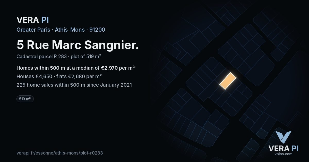 5 Rue Marc Sangnier, Athis-Mons at night – the plot lit, the parcels around coloured by the prices near them