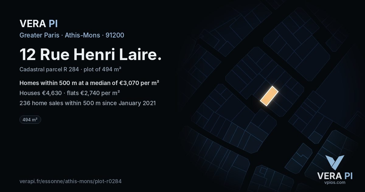 12 Rue Henri Laire, Athis-Mons at night – the plot lit, the parcels around coloured by the prices near them