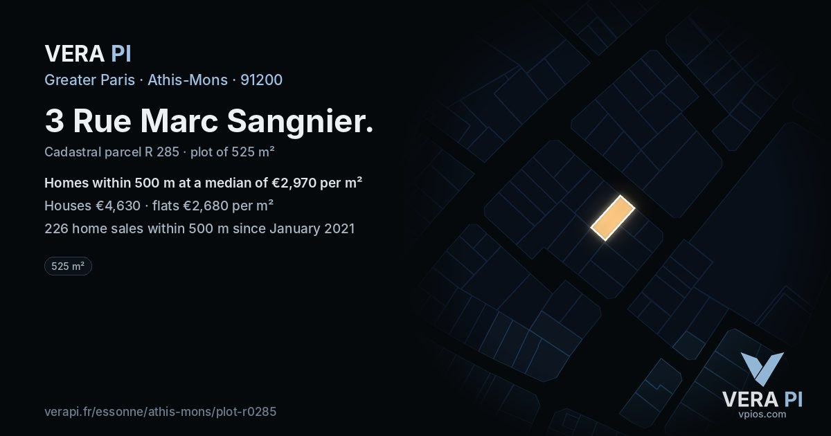 3 Rue Marc Sangnier, Athis-Mons at night – the plot lit, the parcels around coloured by the prices near them