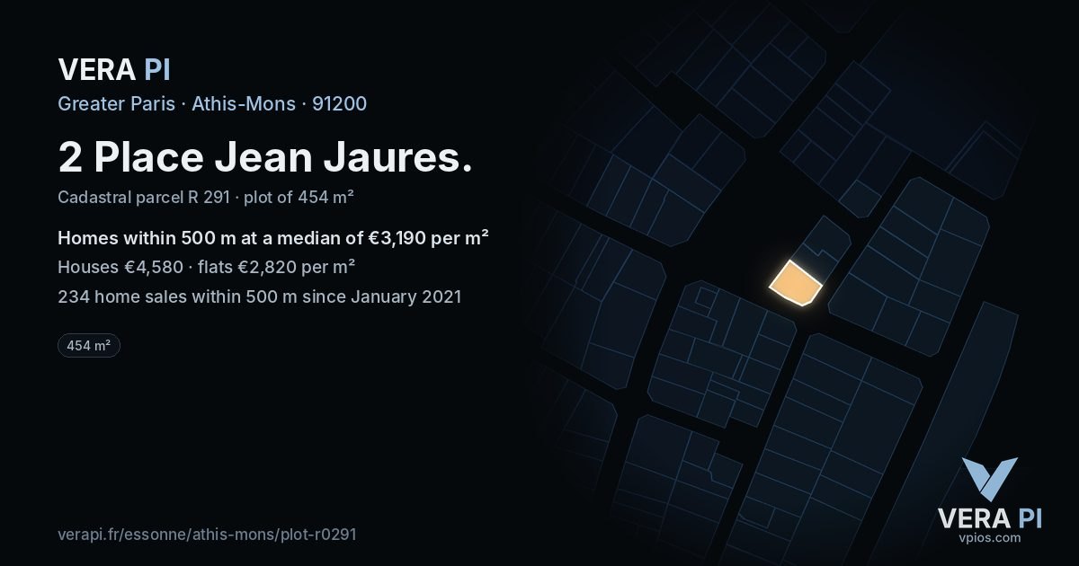 2 Place Jean Jaures, Athis-Mons at night – the plot lit, the parcels around coloured by the prices near them