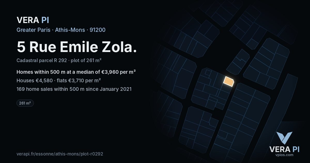 5 Rue Emile Zola, Athis-Mons at night – the plot lit, the parcels around coloured by the prices near them