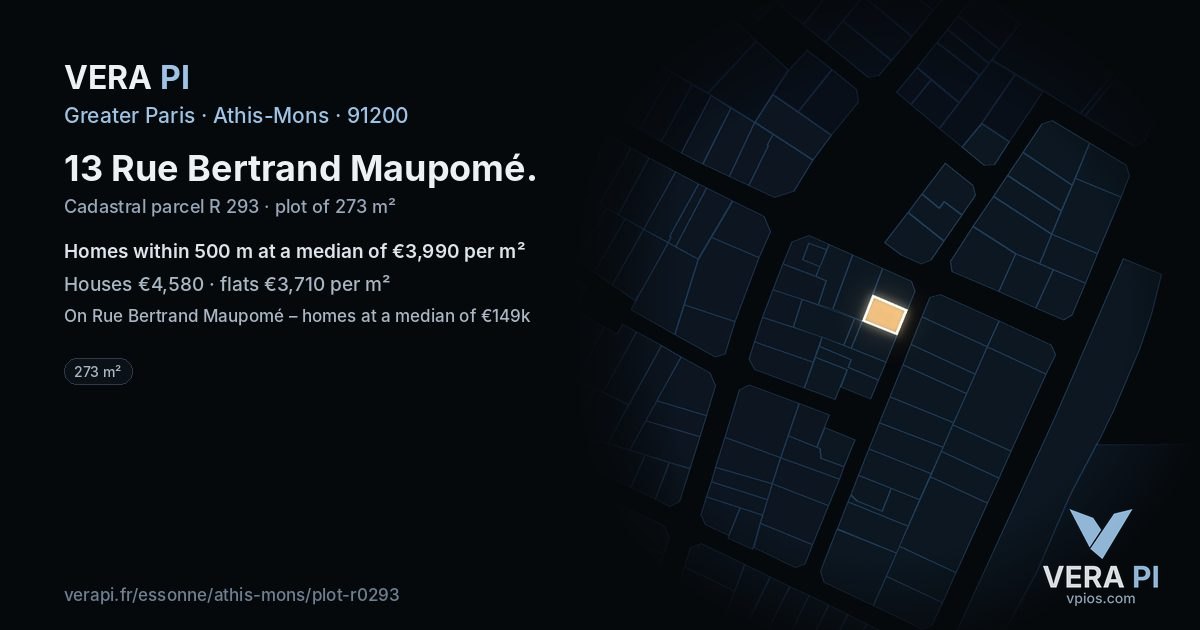 13 Rue Bertrand Maupomé, Athis-Mons at night – the plot lit, the parcels around coloured by the prices near them