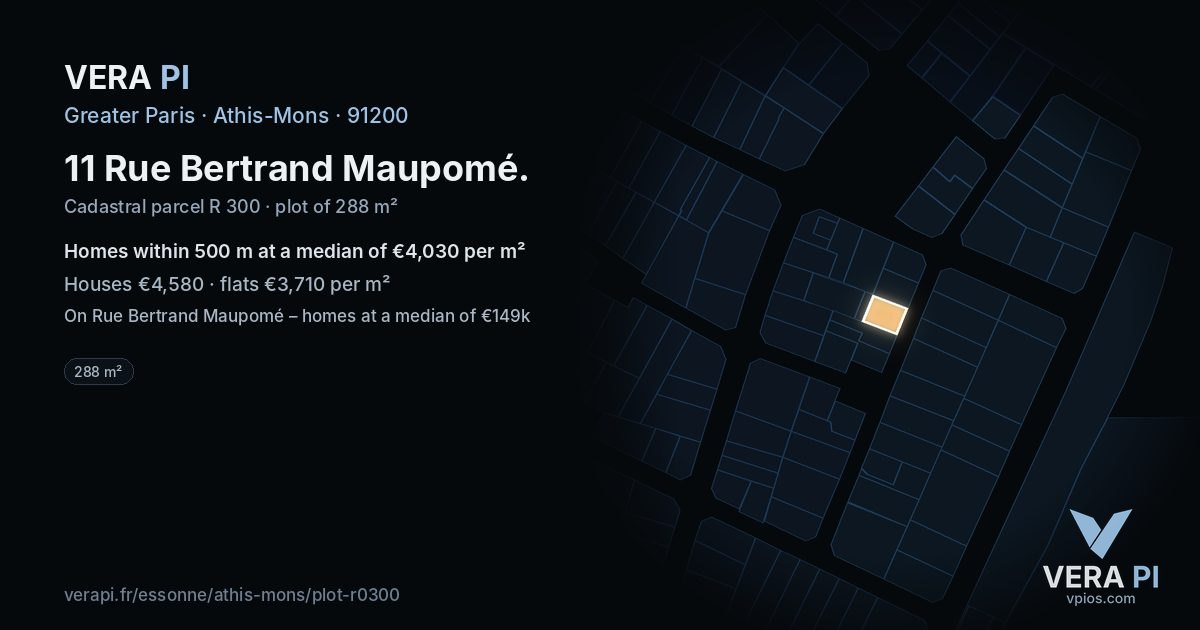 11 Rue Bertrand Maupomé, Athis-Mons at night – the plot lit, the parcels around coloured by the prices near them
