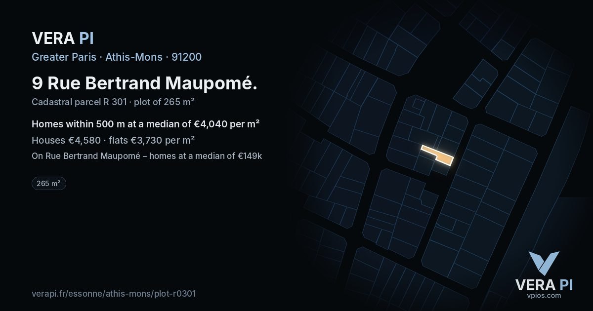 9 Rue Bertrand Maupomé, Athis-Mons at night – the plot lit, the parcels around coloured by the prices near them