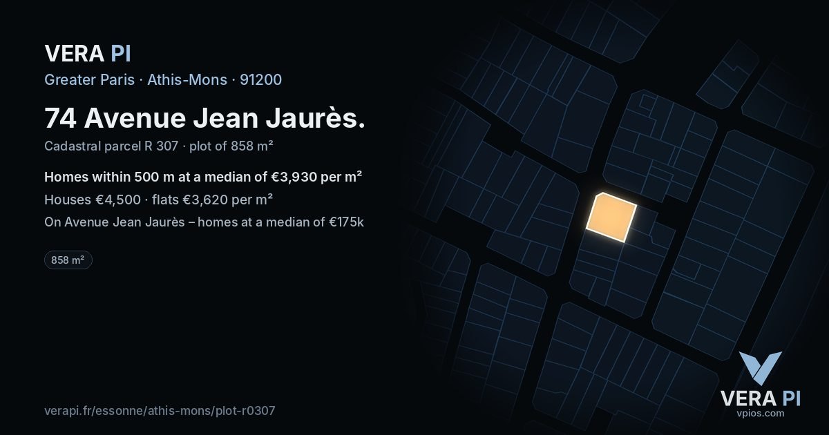 74 Avenue Jean Jaurès, Athis-Mons at night – the plot lit, the parcels around coloured by the prices near them