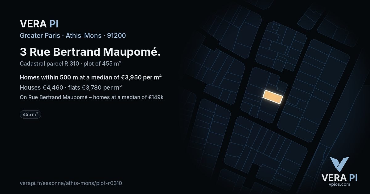 3 Rue Bertrand Maupomé, Athis-Mons at night – the plot lit, the parcels around coloured by the prices near them