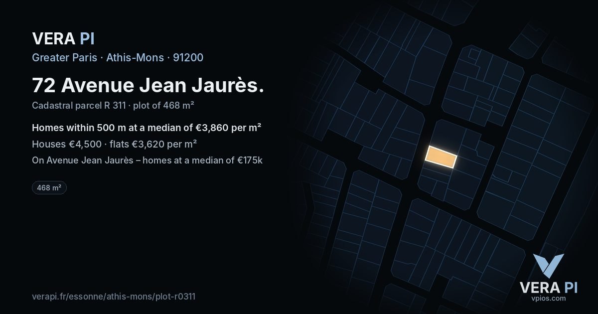 72 Avenue Jean Jaurès, Athis-Mons at night – the plot lit, the parcels around coloured by the prices near them