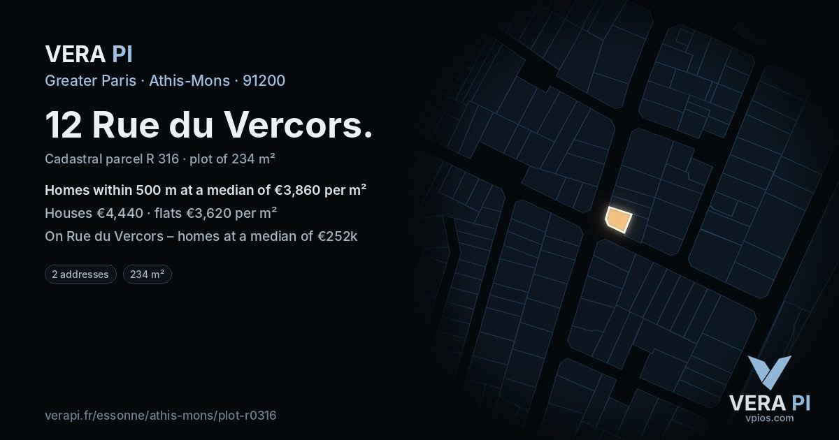 12 Rue du Vercors, Athis-Mons at night – the plot lit, the parcels around coloured by the prices near them