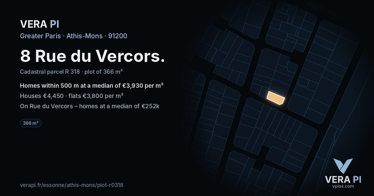 8 Rue du Vercors, Athis-Mons at night – the plot lit, the parcels around coloured by the prices near them