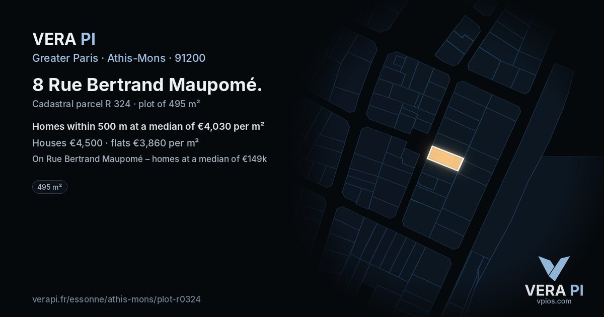 8 Rue Bertrand Maupomé, Athis-Mons at night – the plot lit, the parcels around coloured by the prices near them