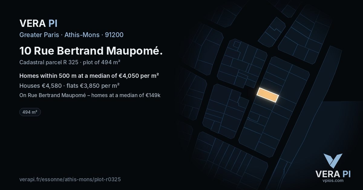 10 Rue Bertrand Maupomé, Athis-Mons at night – the plot lit, the parcels around coloured by the prices near them