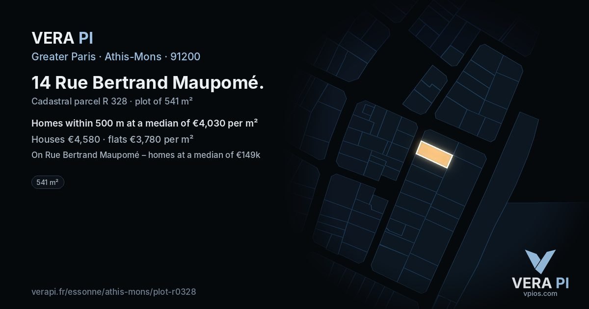 14 Rue Bertrand Maupomé, Athis-Mons at night – the plot lit, the parcels around coloured by the prices near them