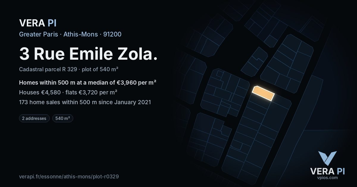 3 Rue Emile Zola, Athis-Mons at night – the plot lit, the parcels around coloured by the prices near them