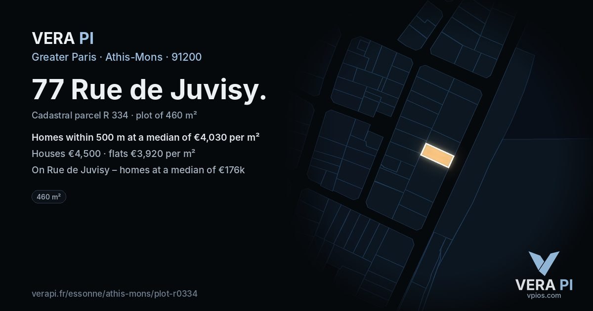 77 Rue de Juvisy, Athis-Mons at night – the plot lit, the parcels around coloured by the prices near them