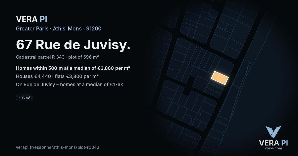 67 Rue de Juvisy, Athis-Mons at night – the plot lit, the parcels around coloured by the prices near them