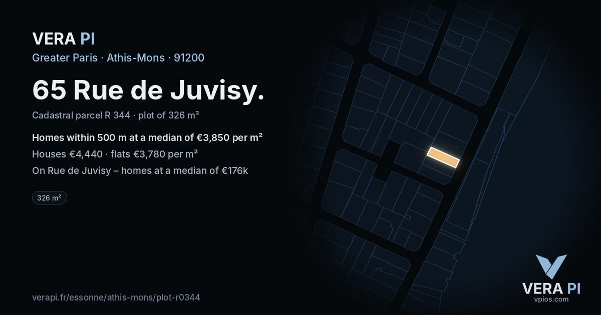 65 Rue de Juvisy, Athis-Mons at night – the plot lit, the parcels around coloured by the prices near them