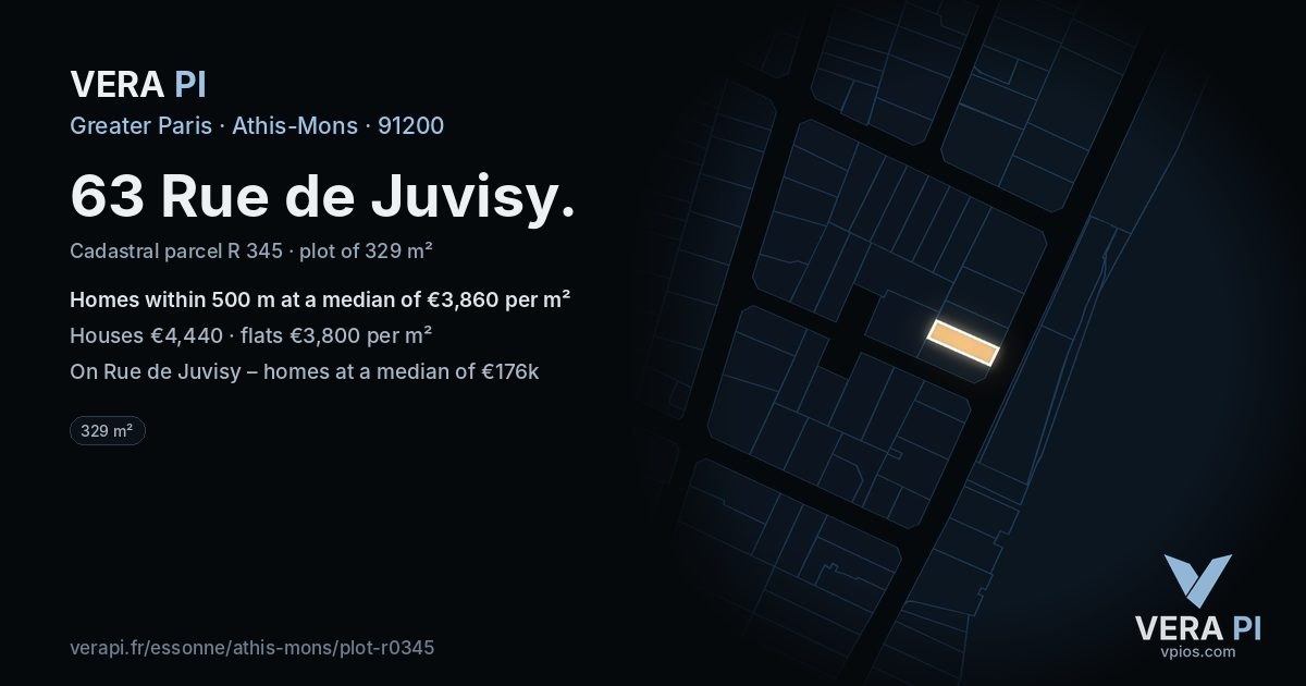 63 Rue de Juvisy, Athis-Mons at night – the plot lit, the parcels around coloured by the prices near them