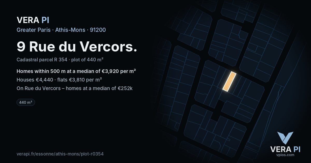 9 Rue du Vercors, Athis-Mons at night – the plot lit, the parcels around coloured by the prices near them