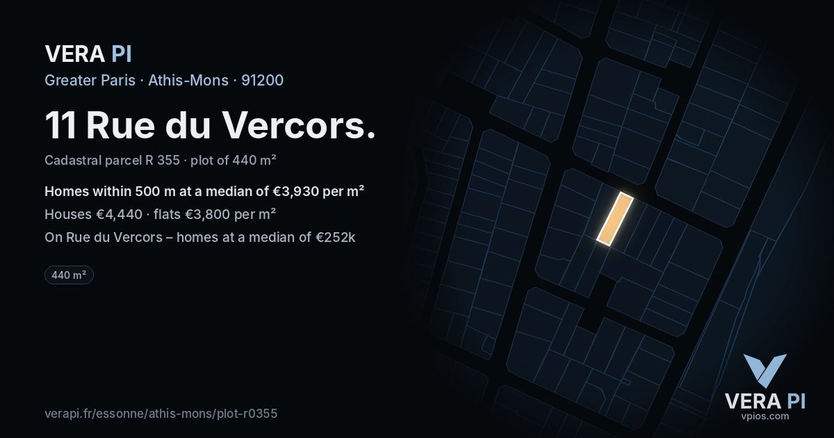 11 Rue du Vercors, Athis-Mons at night – the plot lit, the parcels around coloured by the prices near them