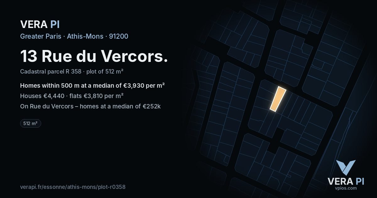 13 Rue du Vercors, Athis-Mons at night – the plot lit, the parcels around coloured by the prices near them