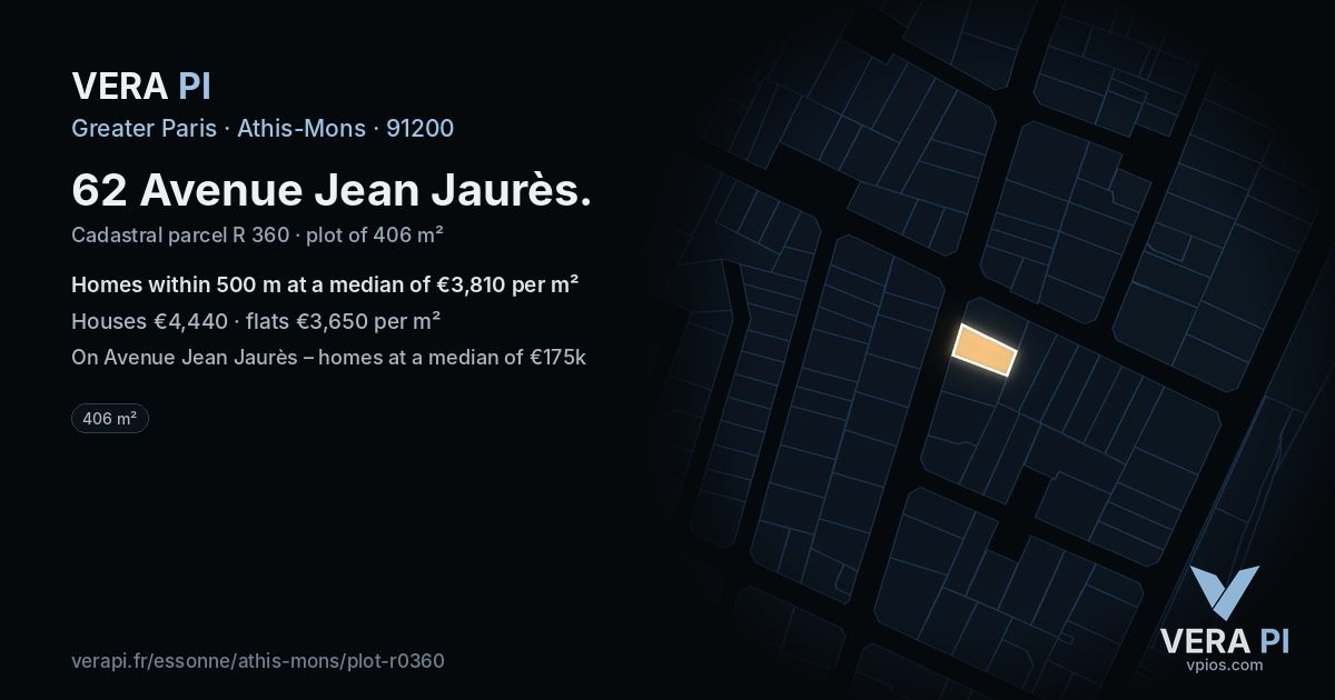 62 Avenue Jean Jaurès, Athis-Mons at night – the plot lit, the parcels around coloured by the prices near them