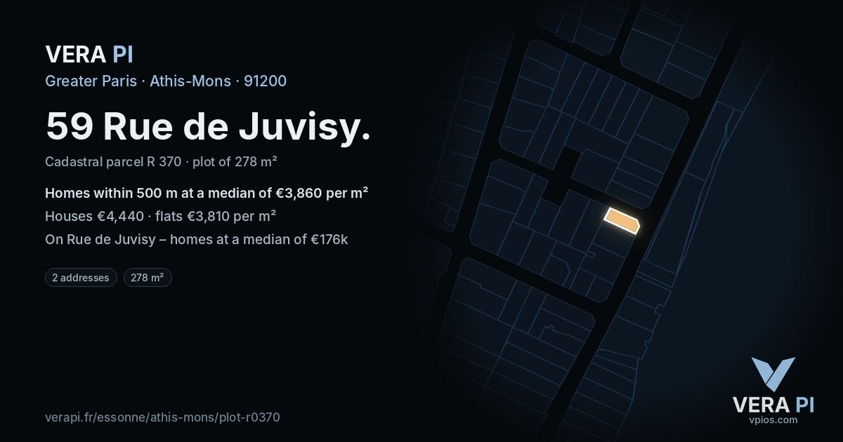 59 Rue de Juvisy, Athis-Mons at night – the plot lit, the parcels around coloured by the prices near them