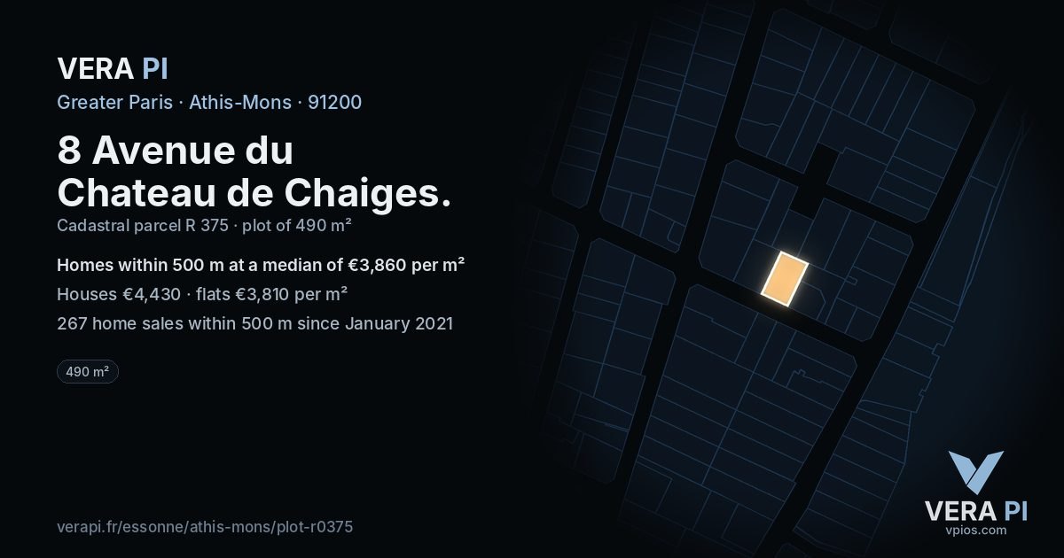 8 Avenue du Chateau de Chaiges, Athis-Mons at night – the plot lit, the parcels around coloured by the prices near them
